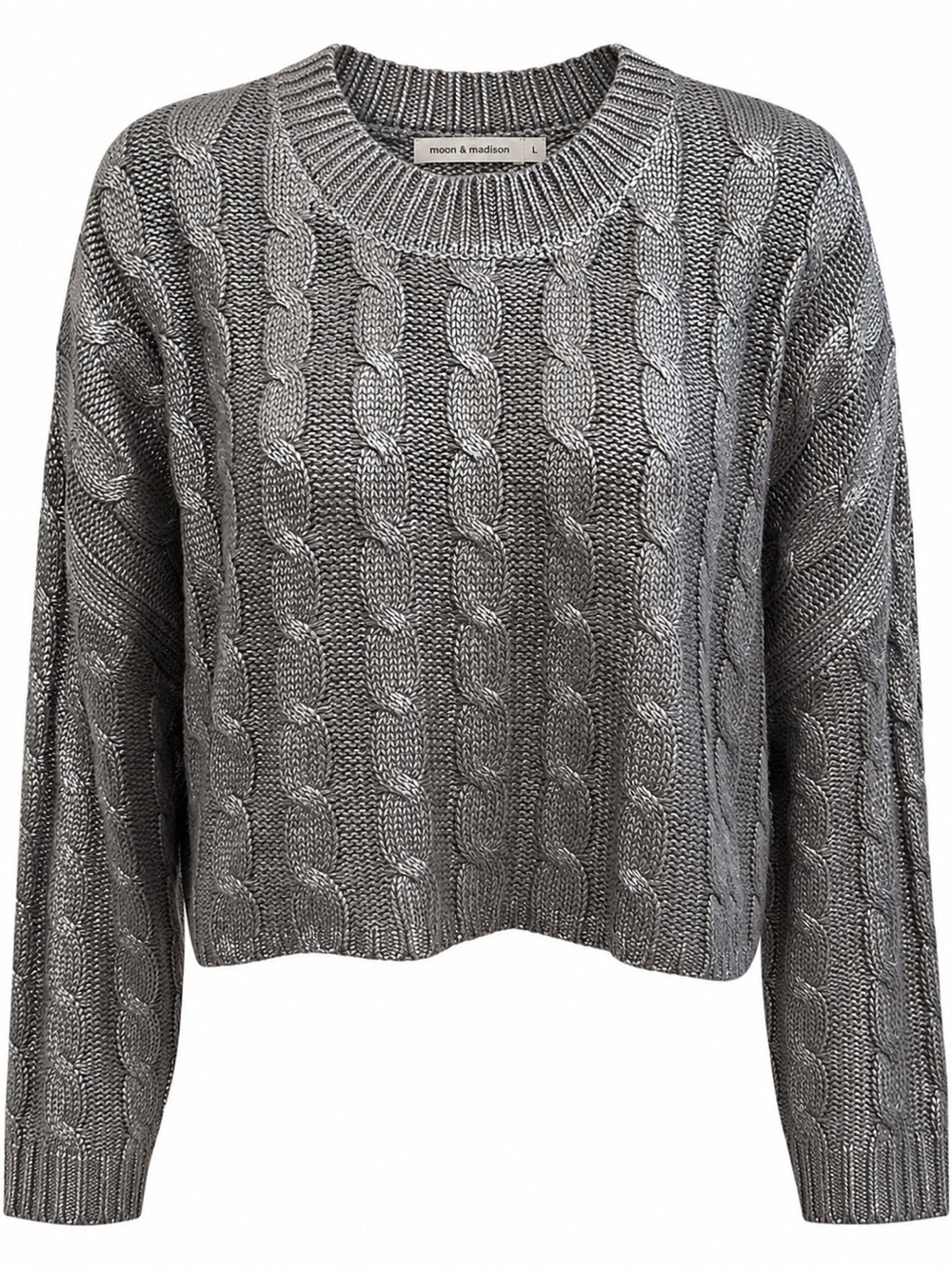 Moon & Madison Metallic Cable Knit Cropped Sweater Gray Size L